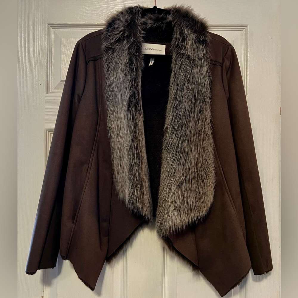 BCBG Faux Fur Coat Taupe XL